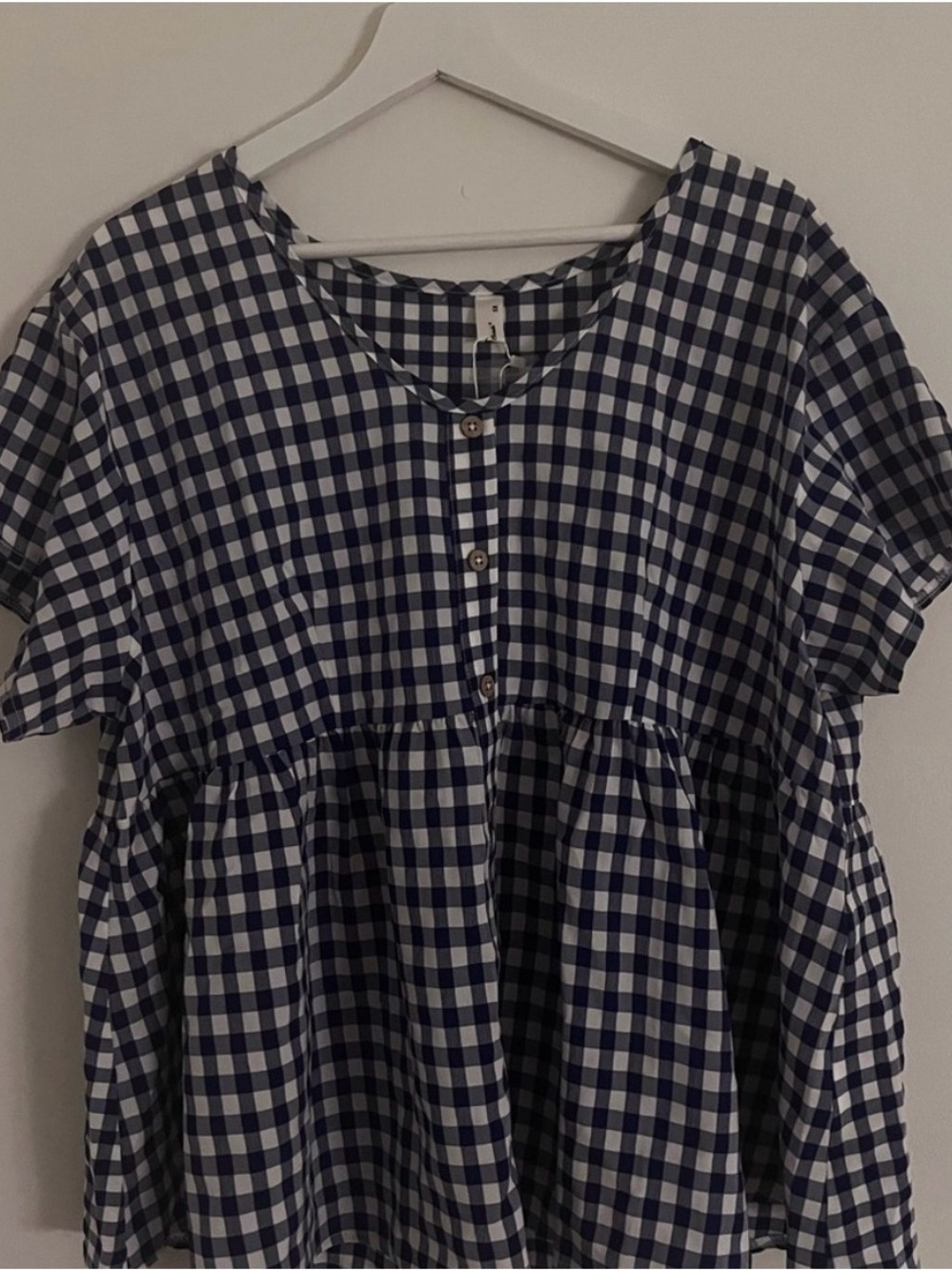 Women’s Blue Gingham Button-Front Peplum Blouse